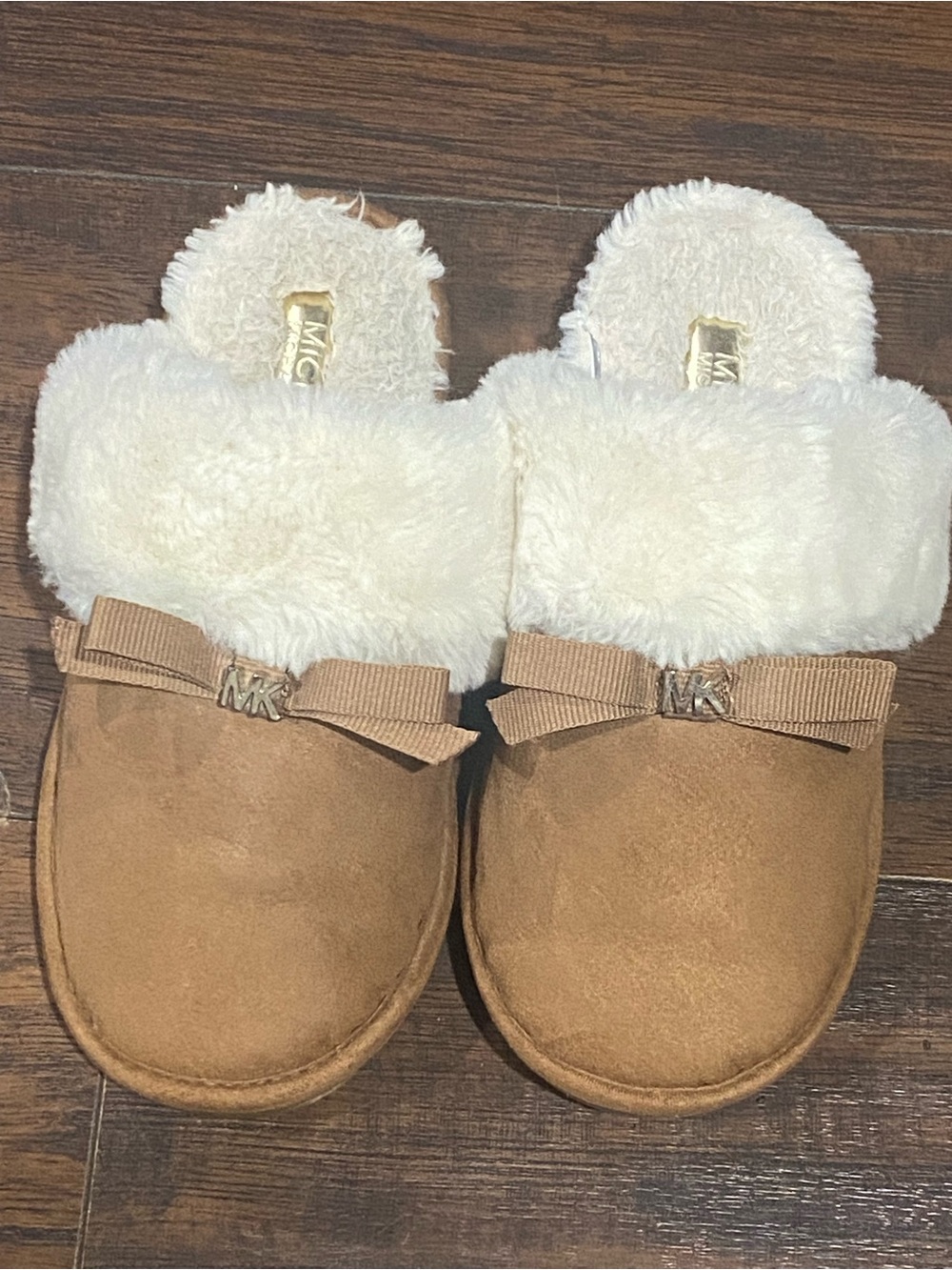 Michael Kors Cream Faux-Fur Slide Slippers with Gold Logo